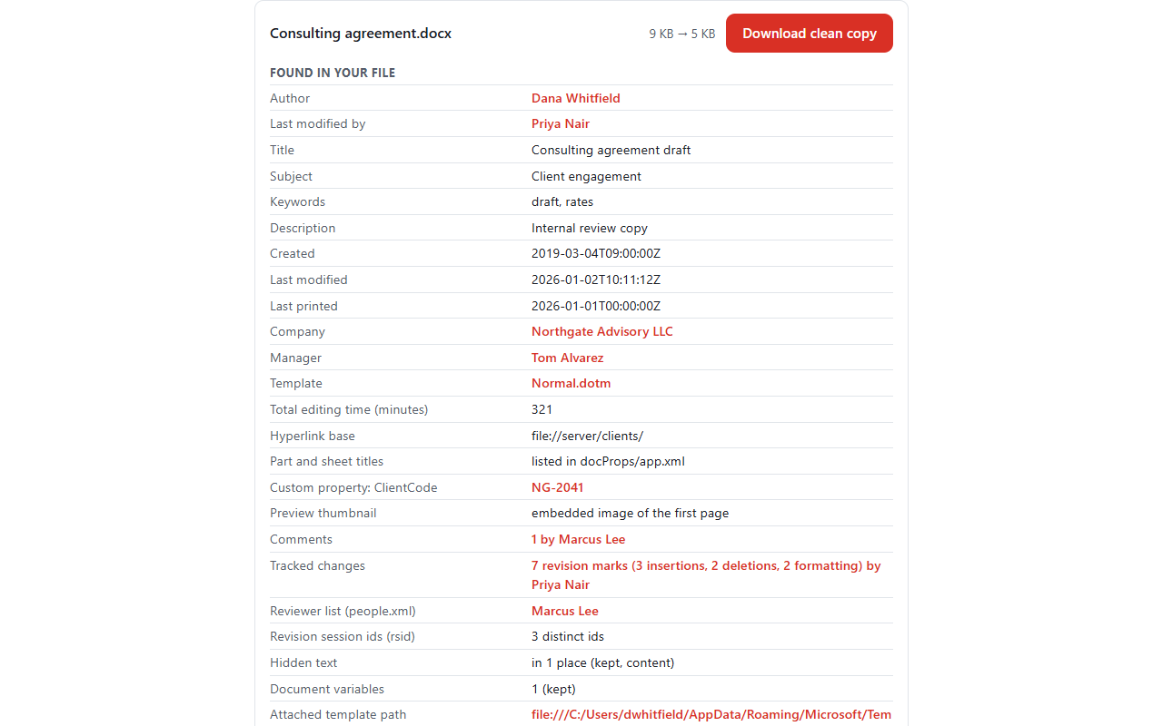 Doc Scrubber showing the report for a Word file: author, comments and tracked changes found