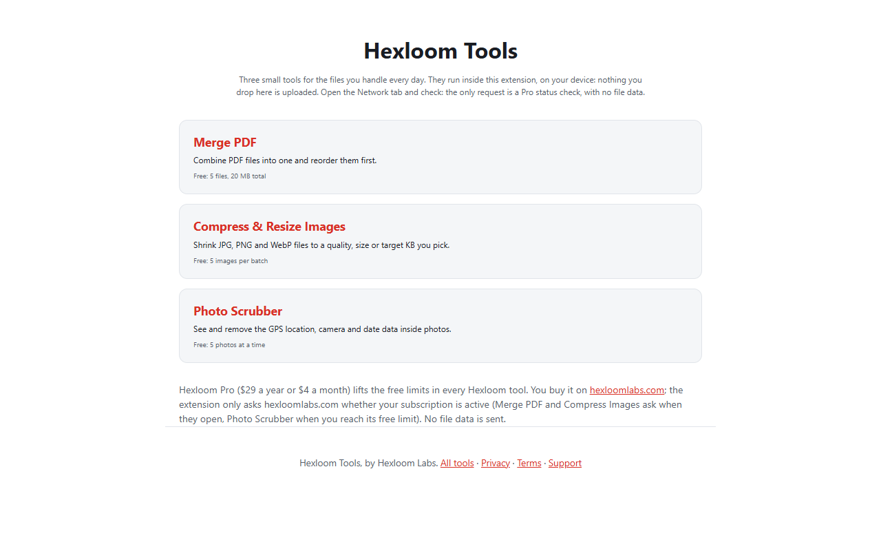 The Hexloom Tools extension launcher listing the available tools
